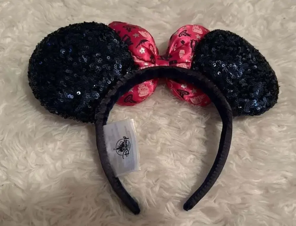 Disney Parks 2019 Minnie Mouse Navy Blue Sequin Ear Headband with Pink Castle Bo